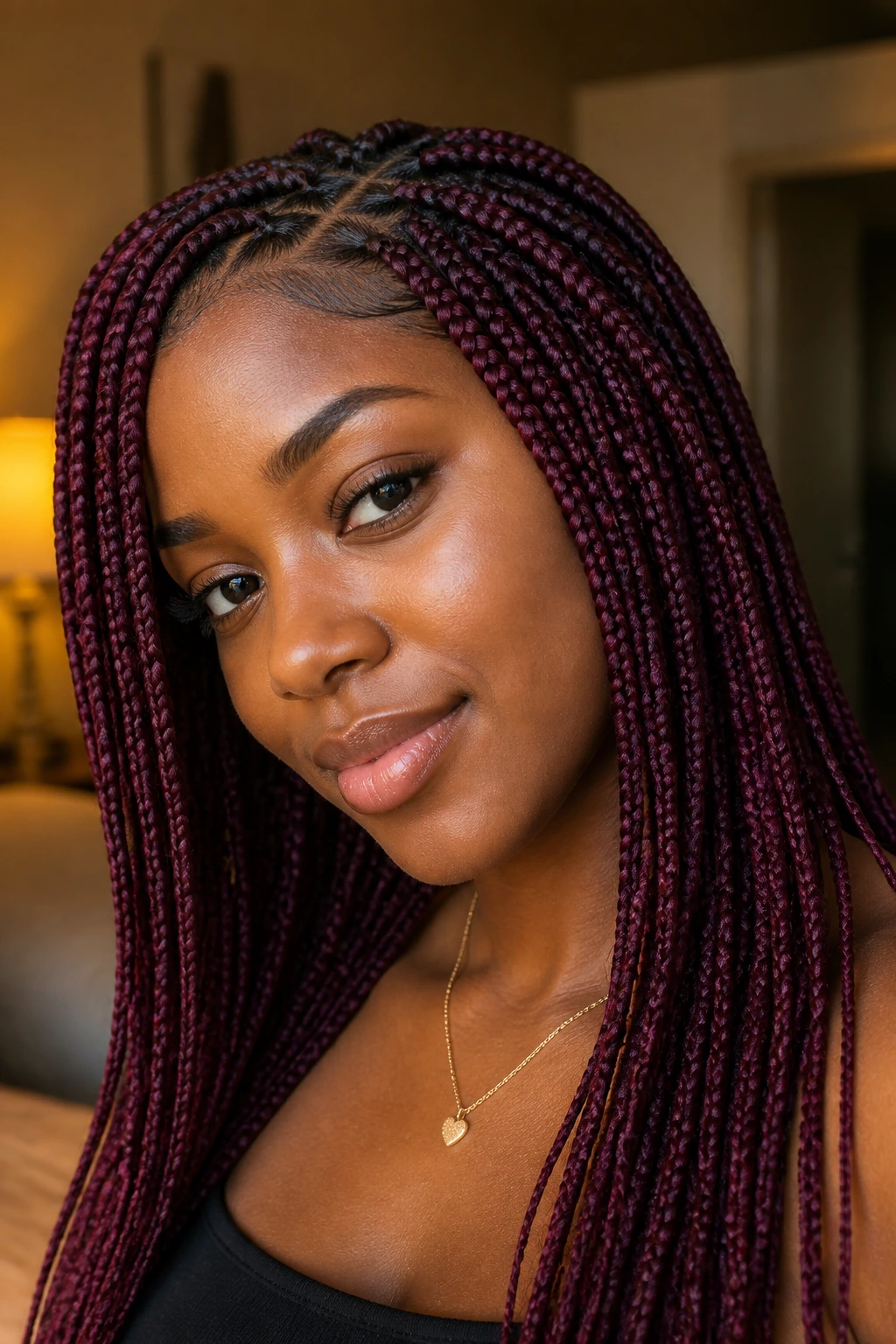 Close-up portrait of a real person with burgundy braids in warm light