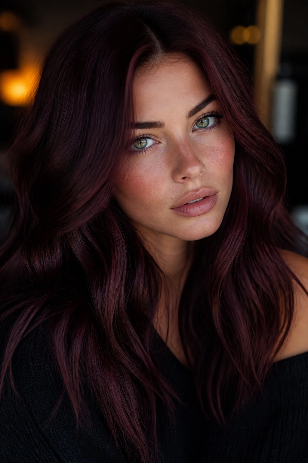 Close-up portrait of a real woman with burgundy brown hair