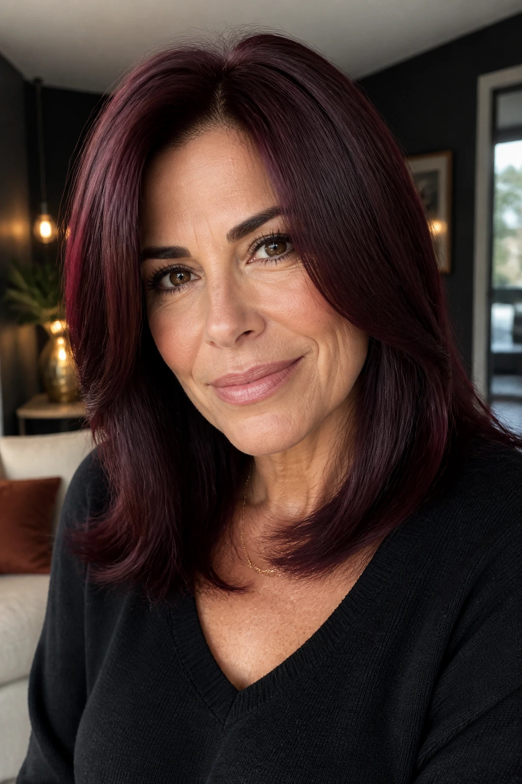 Close-up of burgundy brown hair with glossy finish on a real woman