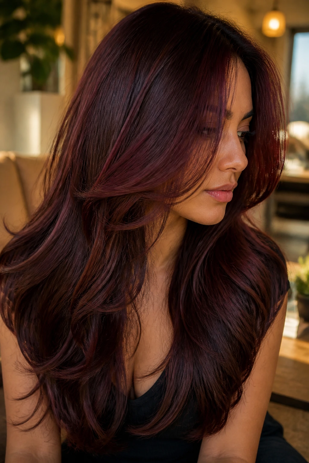 Real woman with burgundy-brown melt in layered hair.