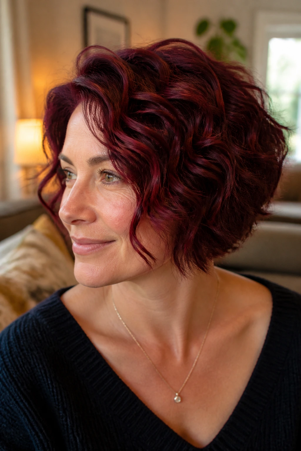 Close-up of a real person with burgundy curl-enhancing bob showing natural bends