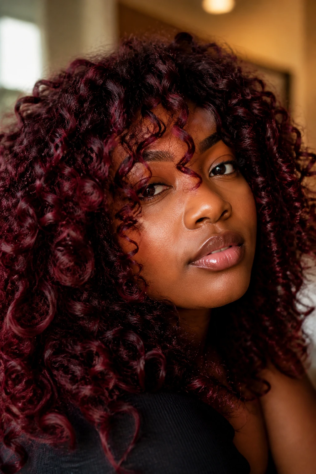 Close-up of a real person with burgundy curls in natural window light
