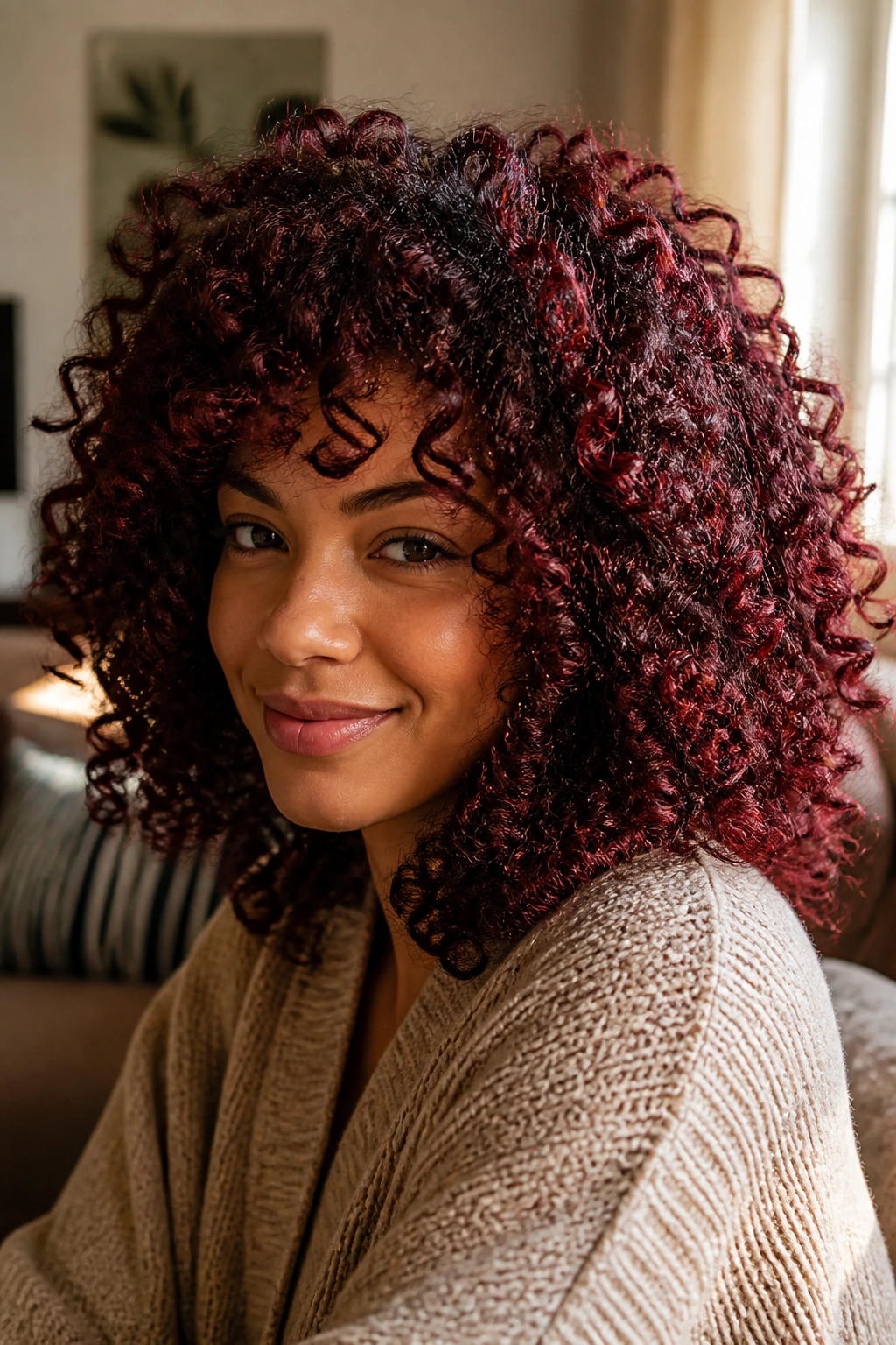Portrait of a person with burgundy-dark curls showing depth and texture