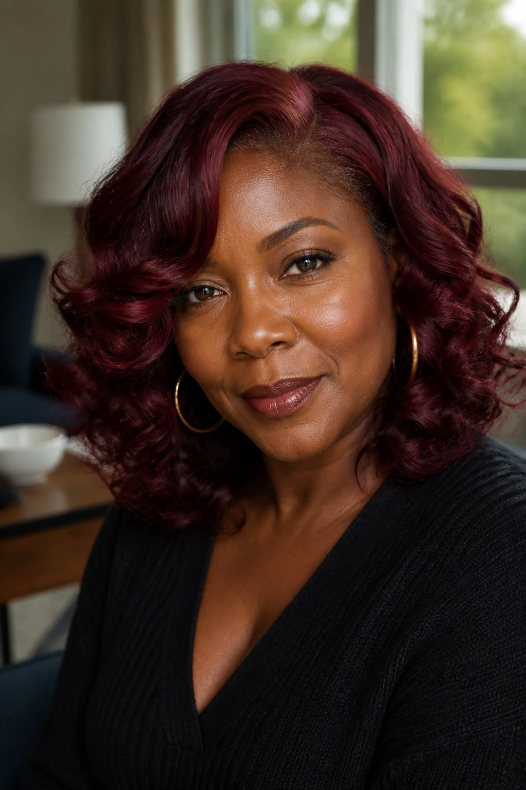 Close-up of Burgundy Shoulder-Length Curls on deep skin under natural window light
