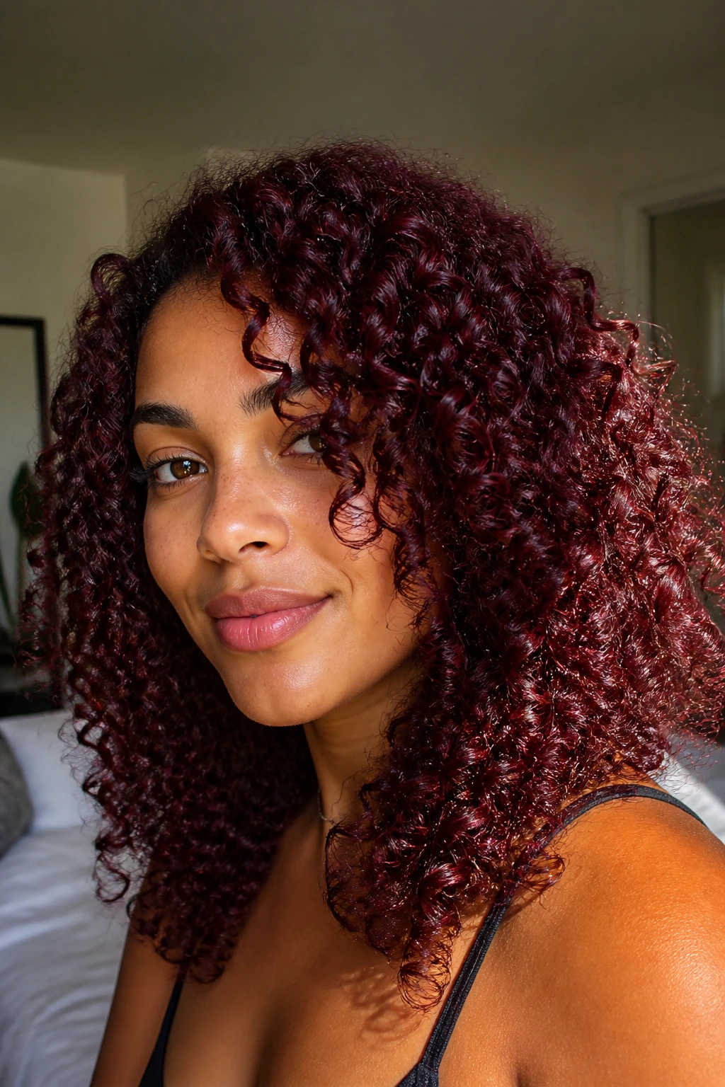 Close-up of a real woman with burgundy curls showing shine and defined shape in warm window light.