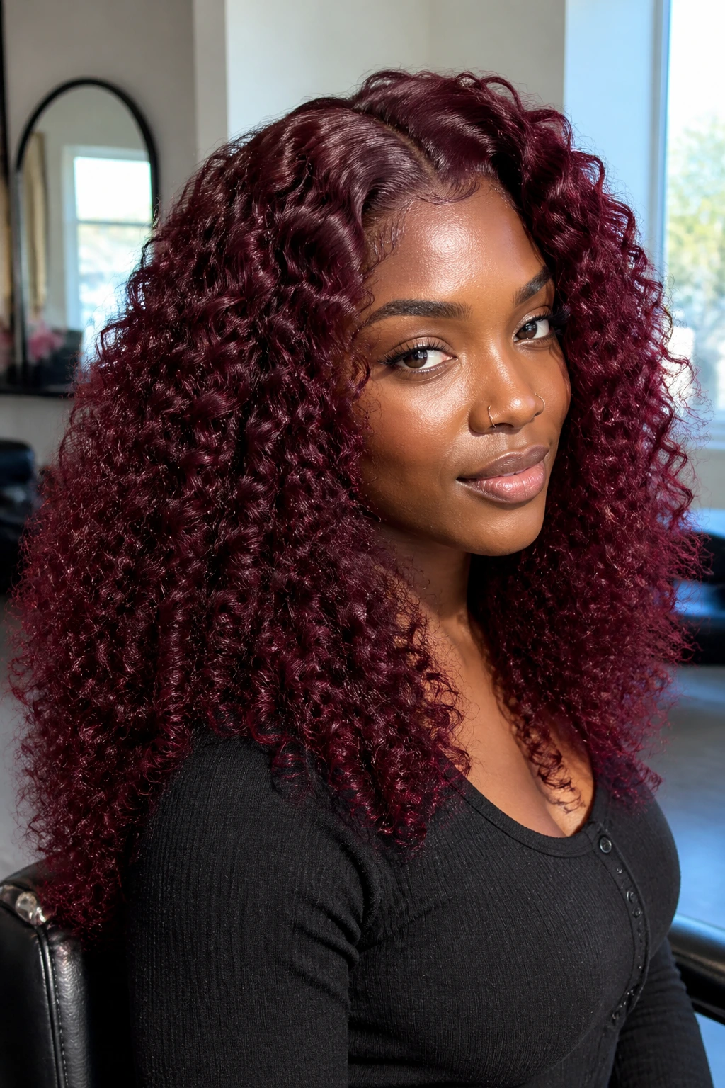 Real woman with burgundy curly weave in bright salon lighting