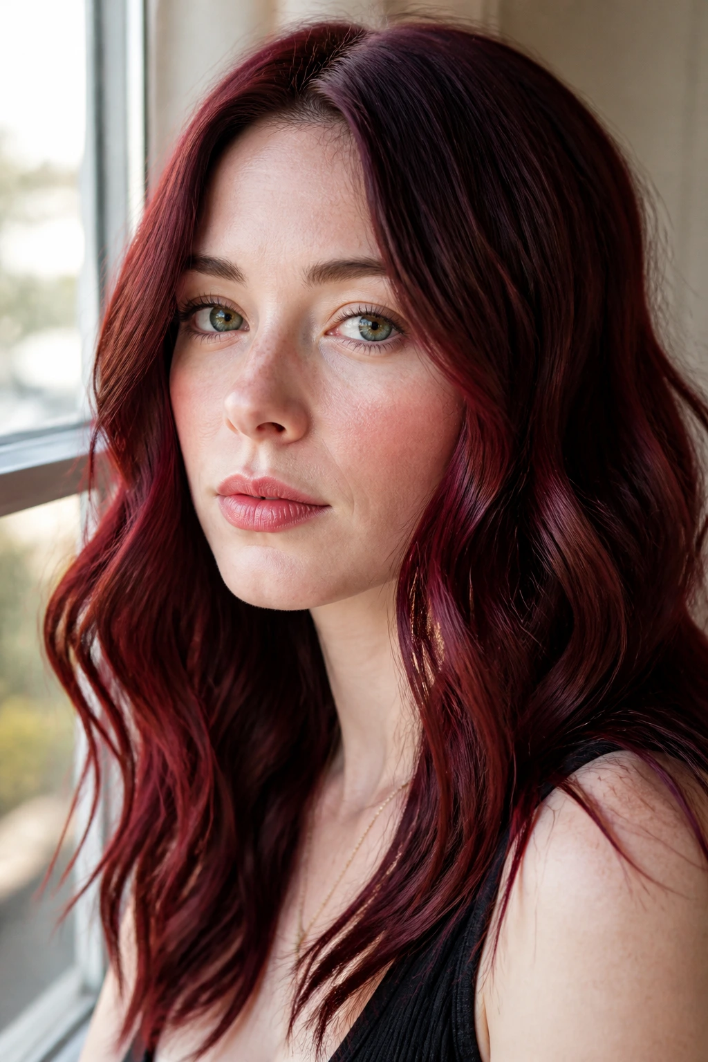 Close-up of burgundy hair on a fair-skinned person with soft window light