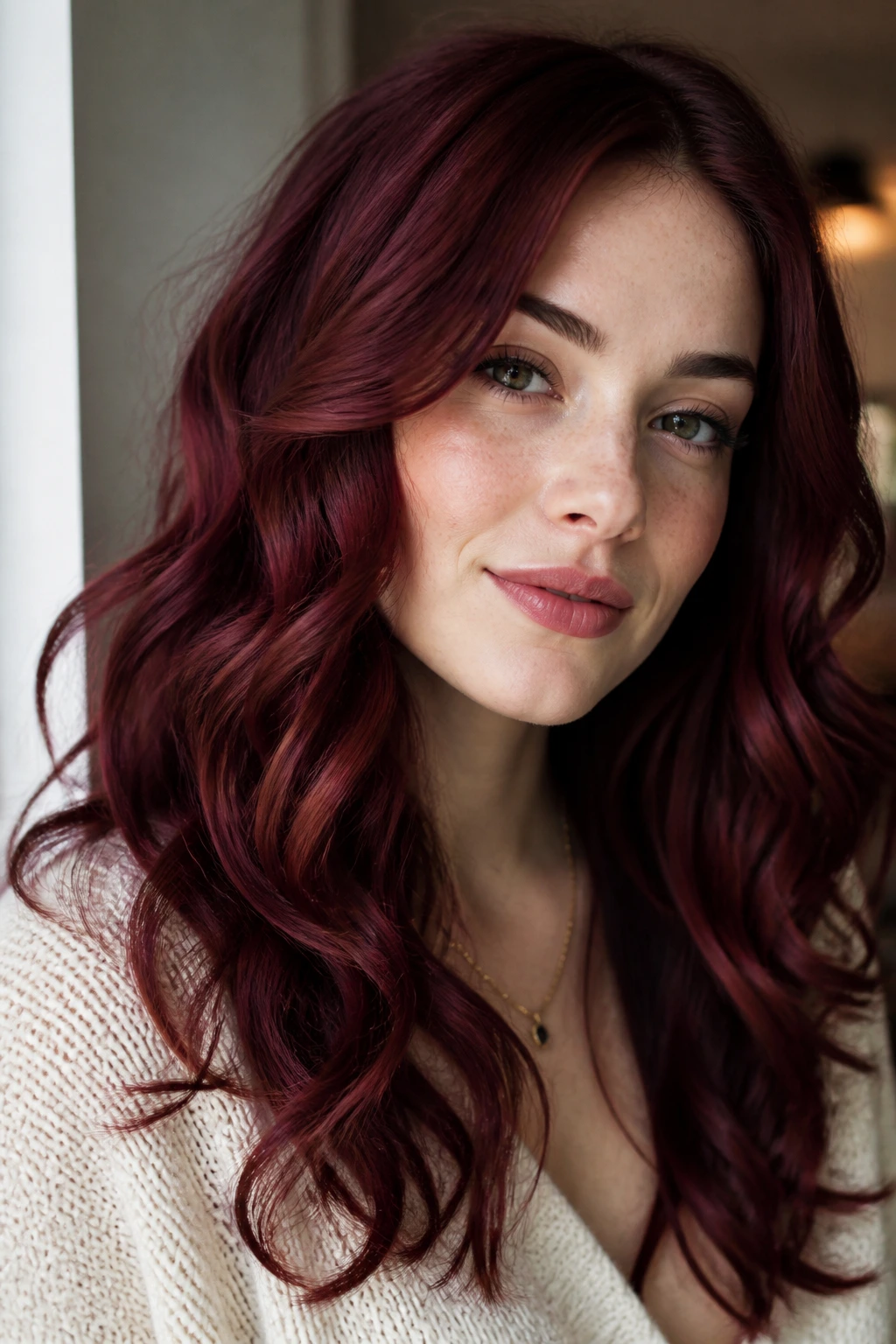 Portrait of a woman with burgundy-wavy hair framed by soft light