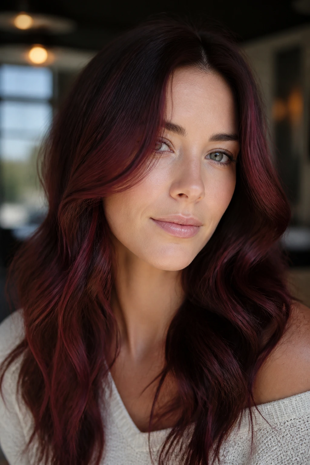 Portrait of a woman with burgundy highlights framing her face