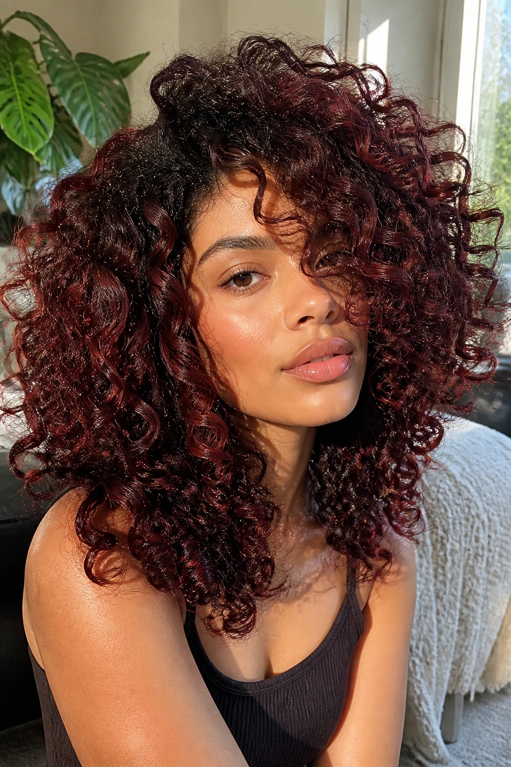 Portrait of a real person with burgundy mahogany curls showing depth and shine