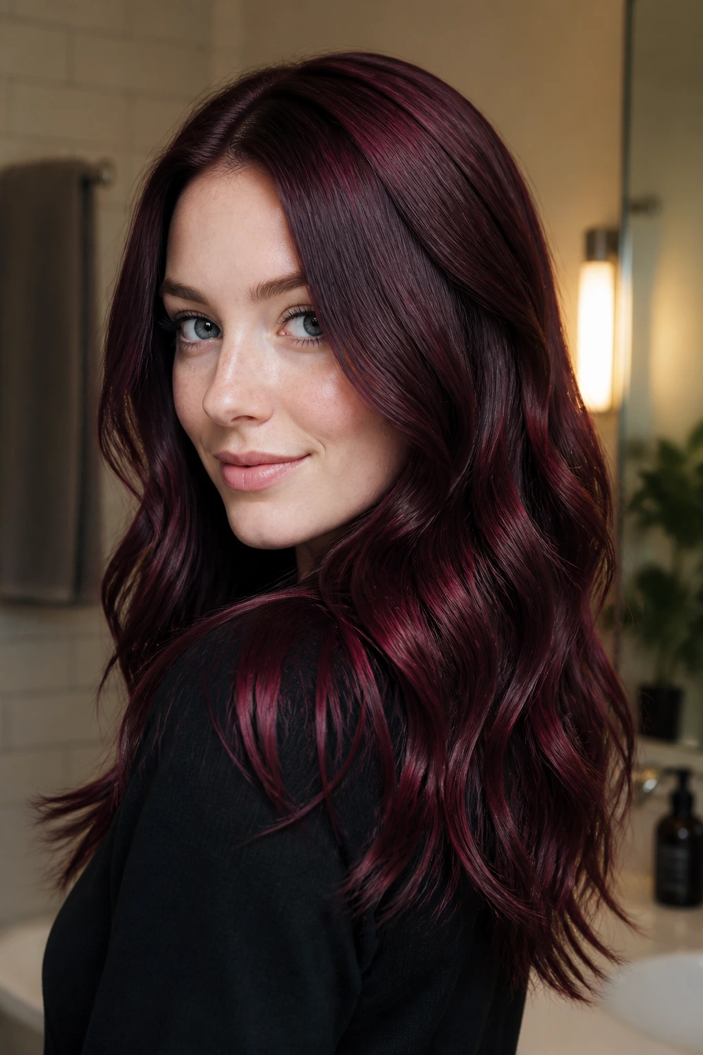 Close-up of a real person with glossy burgundy hair under warm light