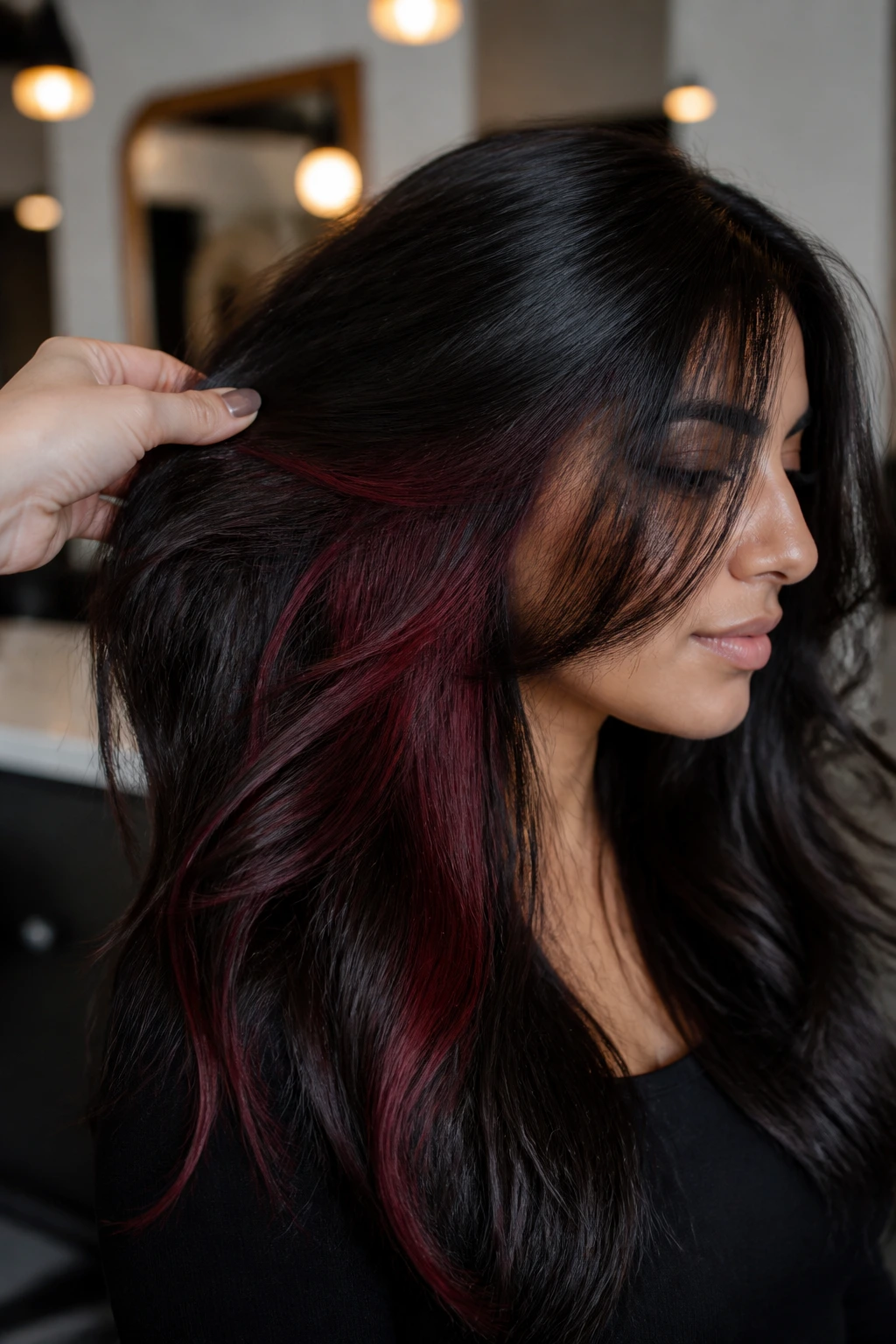 Close-up of a real woman with burgundy peekaboo highlights under the top layer