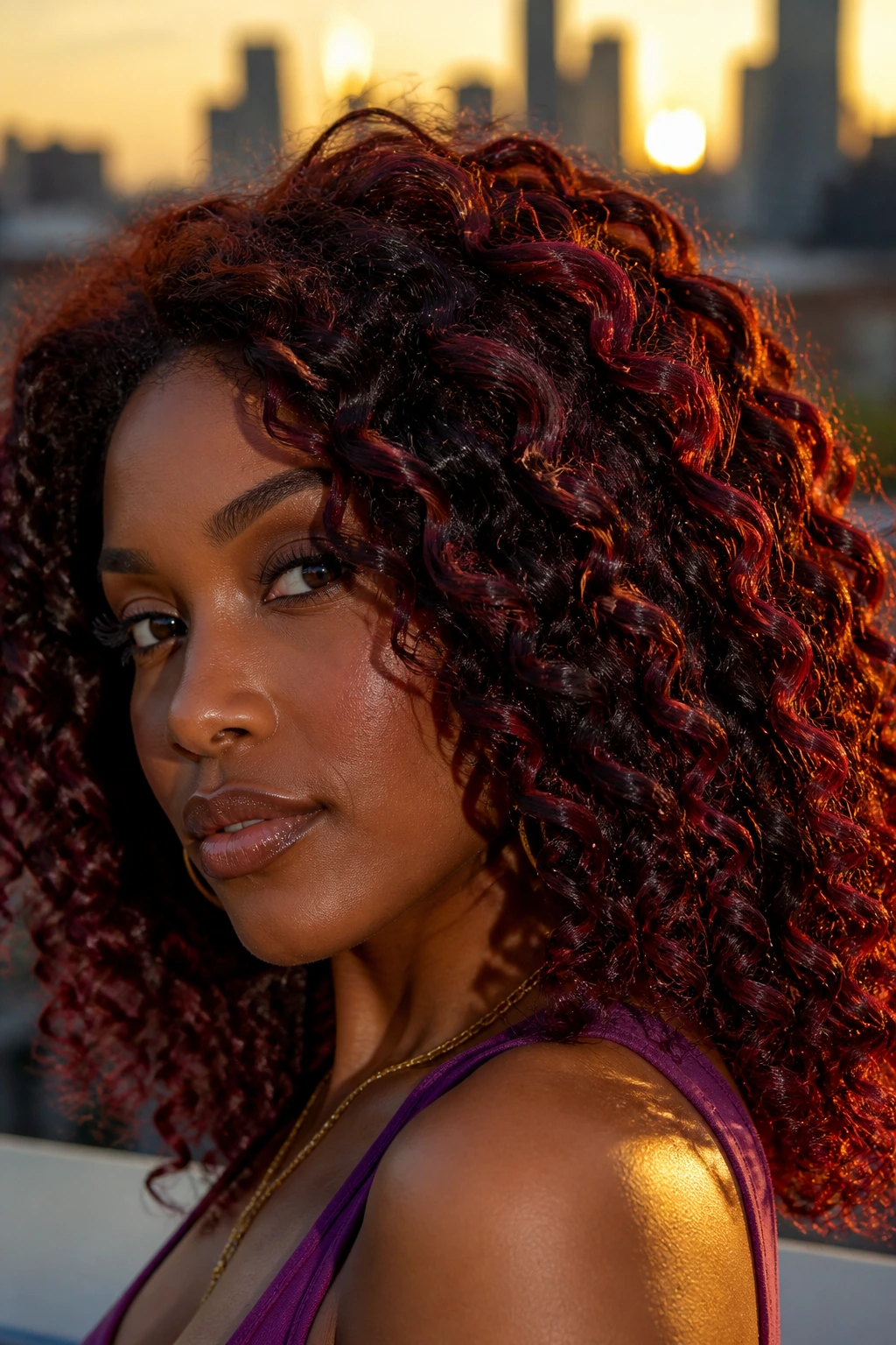Close-up of a deep-skinned model with burgundy ribbon highlights on dark curls at golden hour