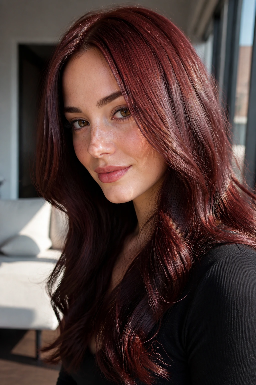 Real person with burgundy strawberry noir hair showing deep glossy base and light-catching red notes