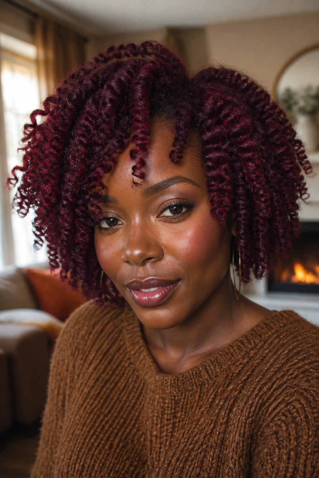 Real woman with burgundy twist-out hairstyle