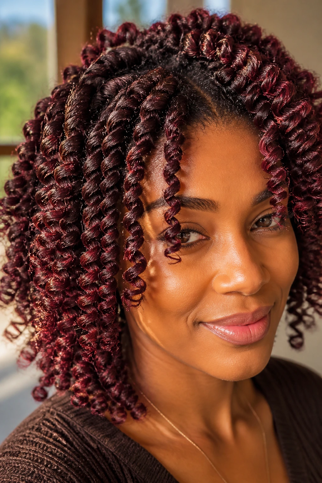 Close-up of burgundy twist-out on dark curls