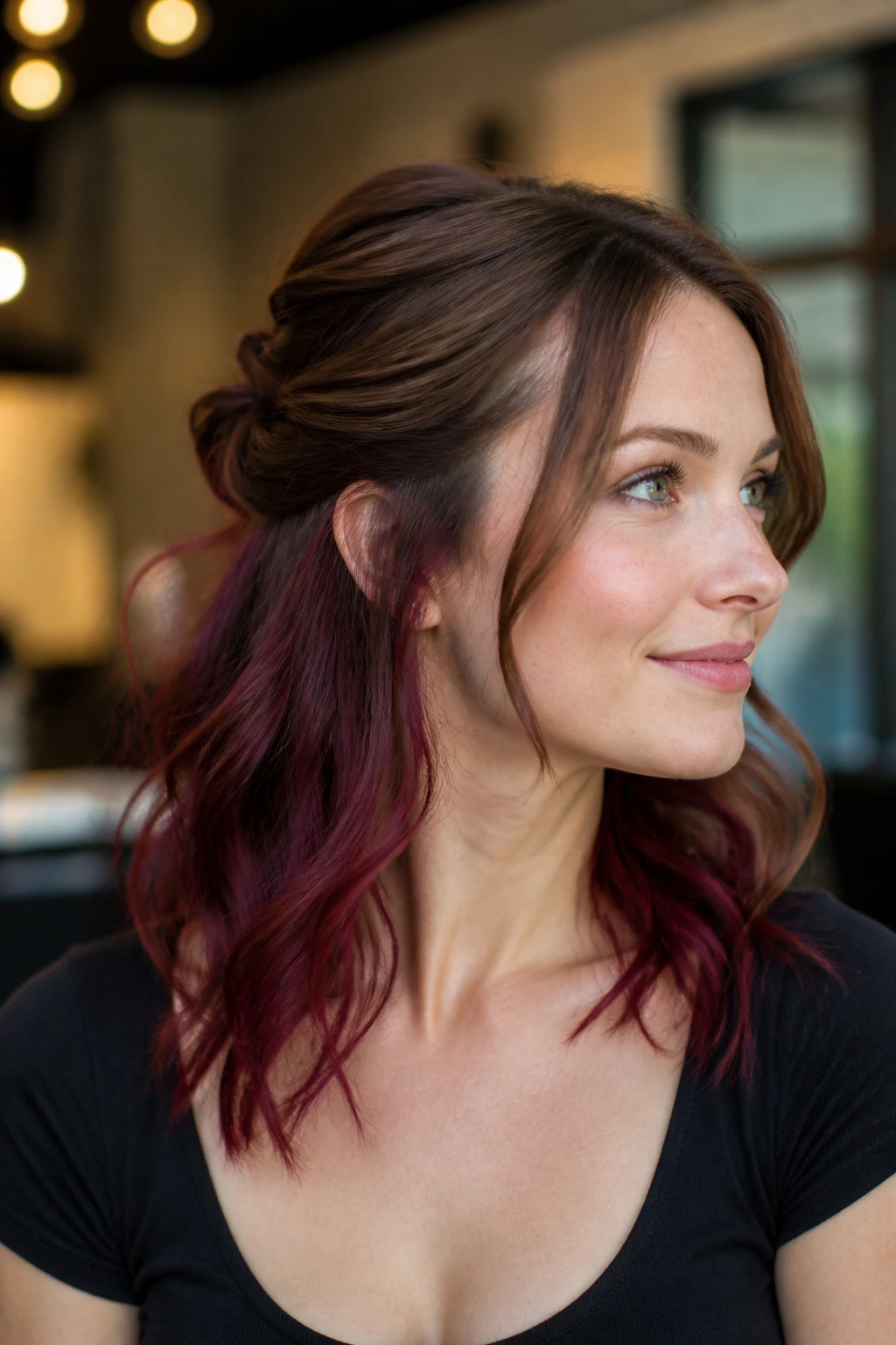 Close-up of a woman's half-up hairstyle showing burgundy underlights beneath the top layer