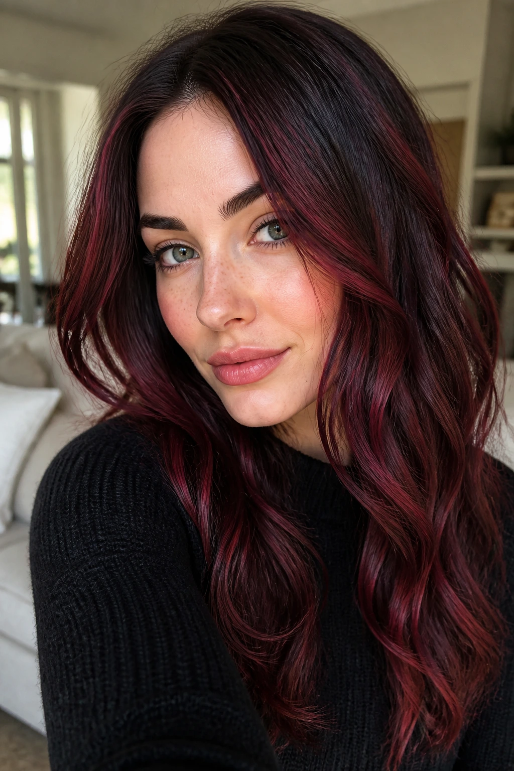 Close-up of burgundy hair with varied tones framing the face in warm light