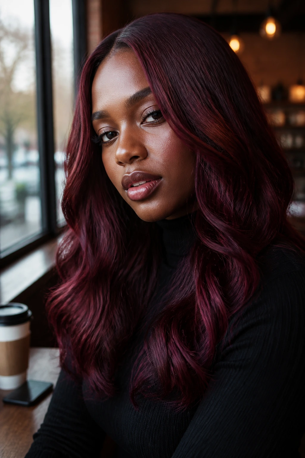Close-up of a real person with burgundy hair in a warm coffee shop