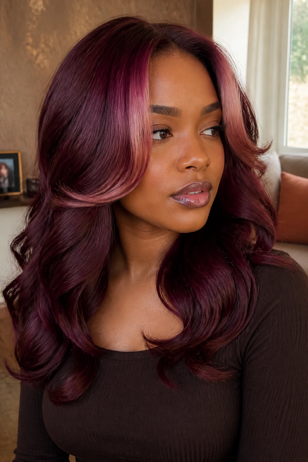 Close-up portrait of a real person with burgundy velvet hair in warm indoor light