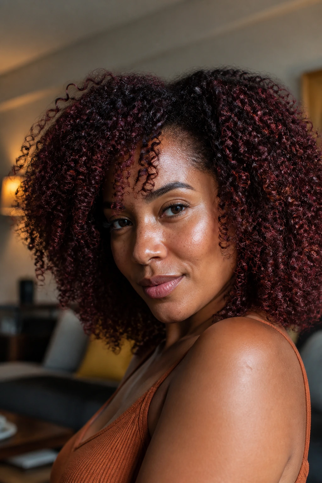 Close-up of a real woman with burgundy wash-and-go curls.