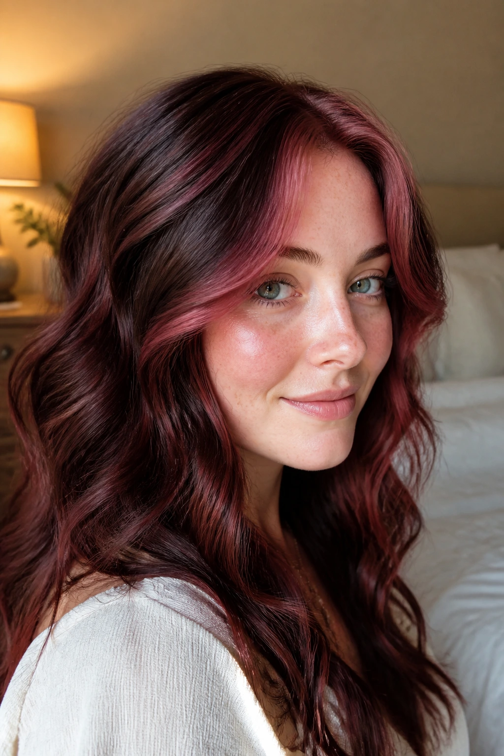 Close-up of a real woman with burgundy highlights on wavy hair by a warm window
