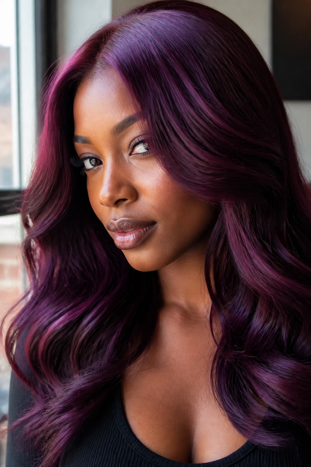 Real person wearing burgundy wine hair with deep violet notes in natural window light
