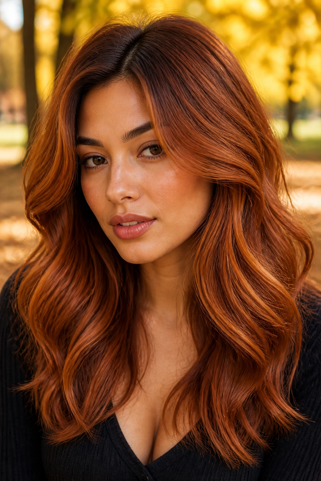 Real woman with burnished auburn strawberry hair in outdoor warm light