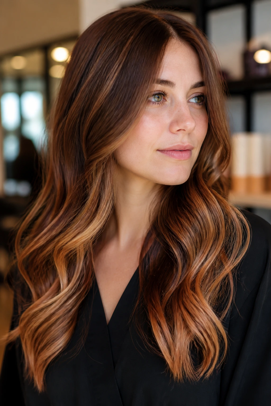 Real woman with burnished chestnut and ribboned caramel ends.