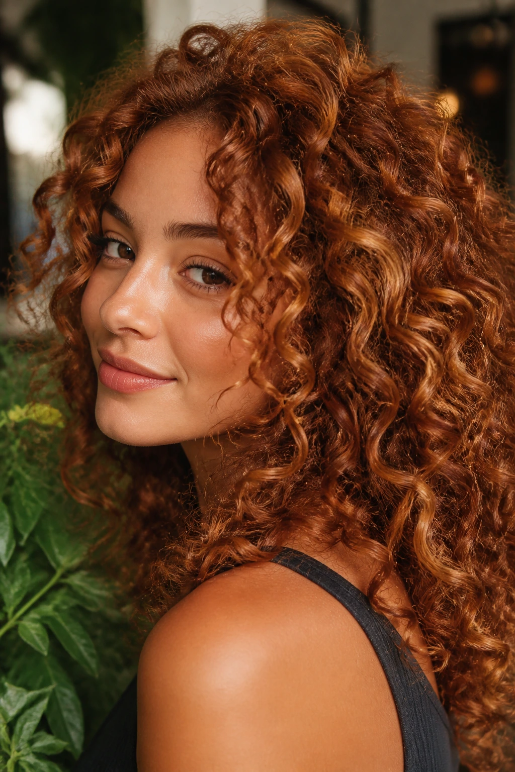 Close-up of a real woman with burnished copper curls showing dimensional copper tones.
