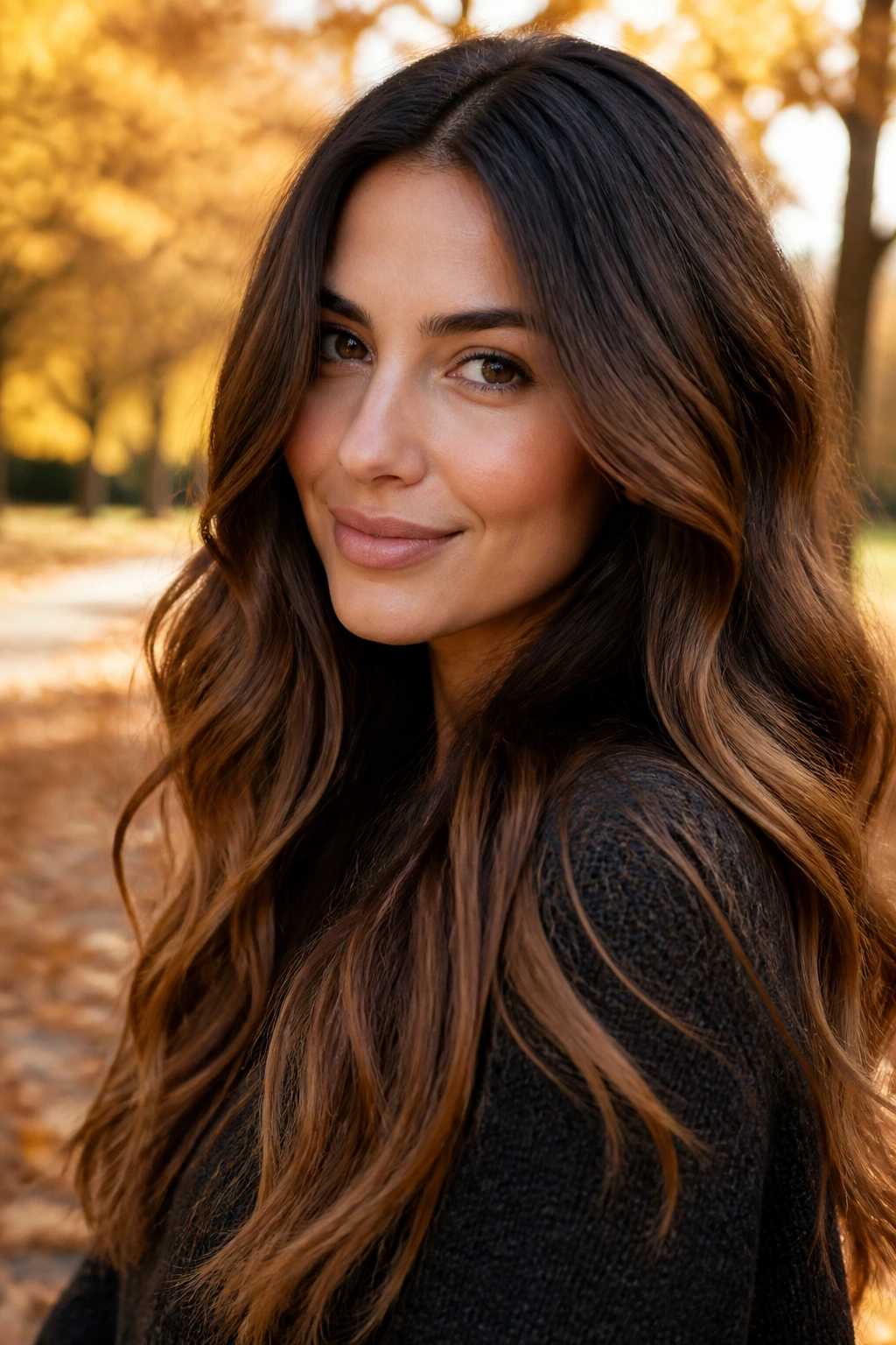 Close-up portrait of a real woman with burnished mocha ombre hair outdoors.