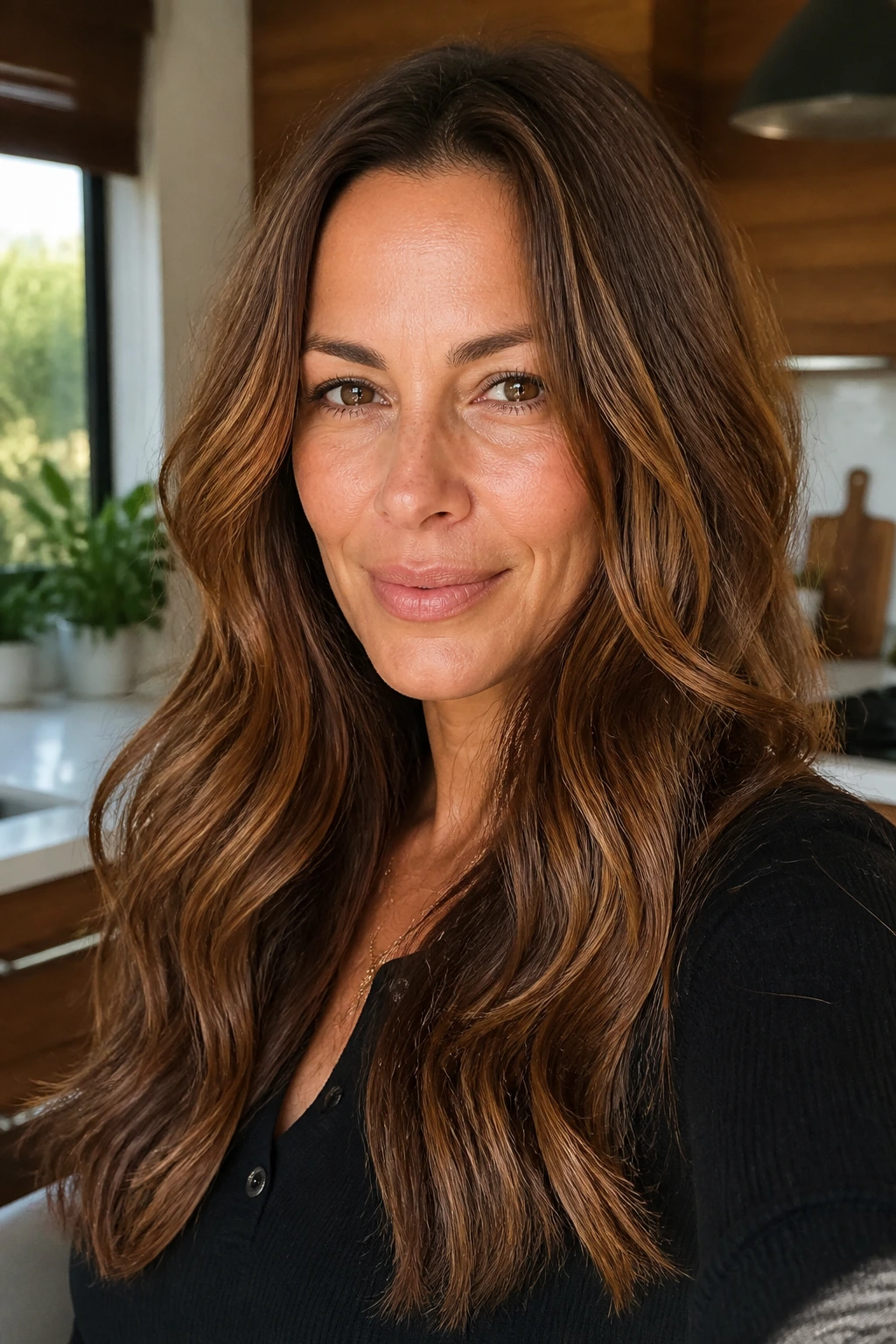 Close-up of real person with Burnished Toffee Brown hair color with toffee highlights.