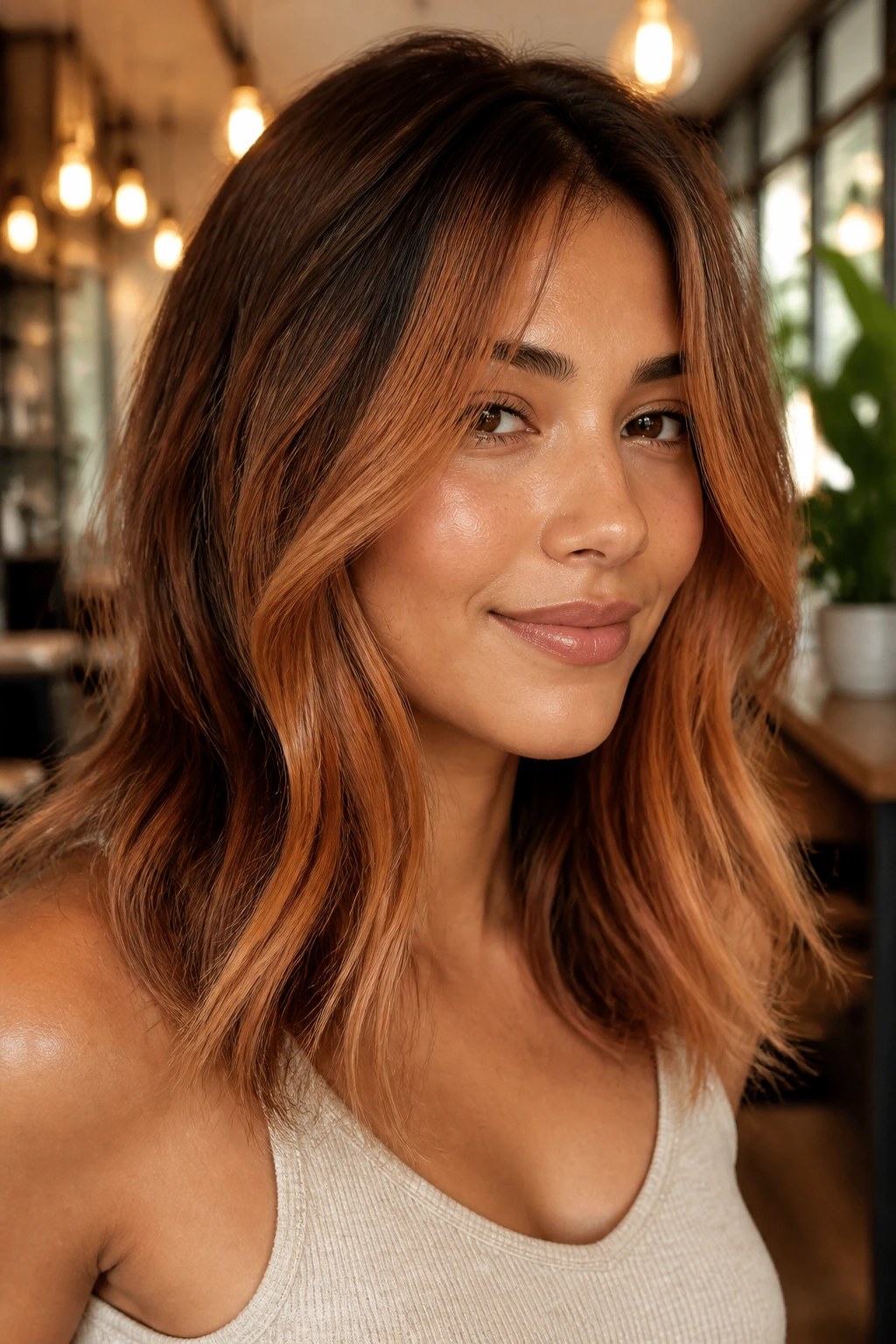 Close-up of burnt apricot panels in hair with warm salon window light