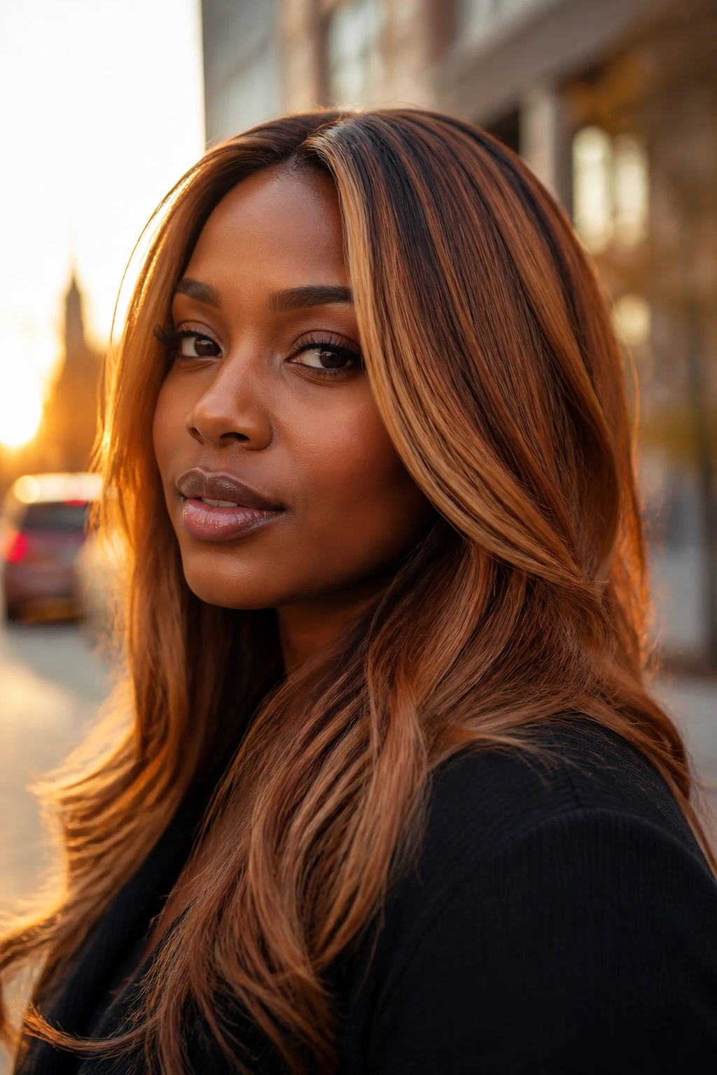 Close-up portrait of a real woman with Burnt Caramel Copper Melt hair on deepskin.