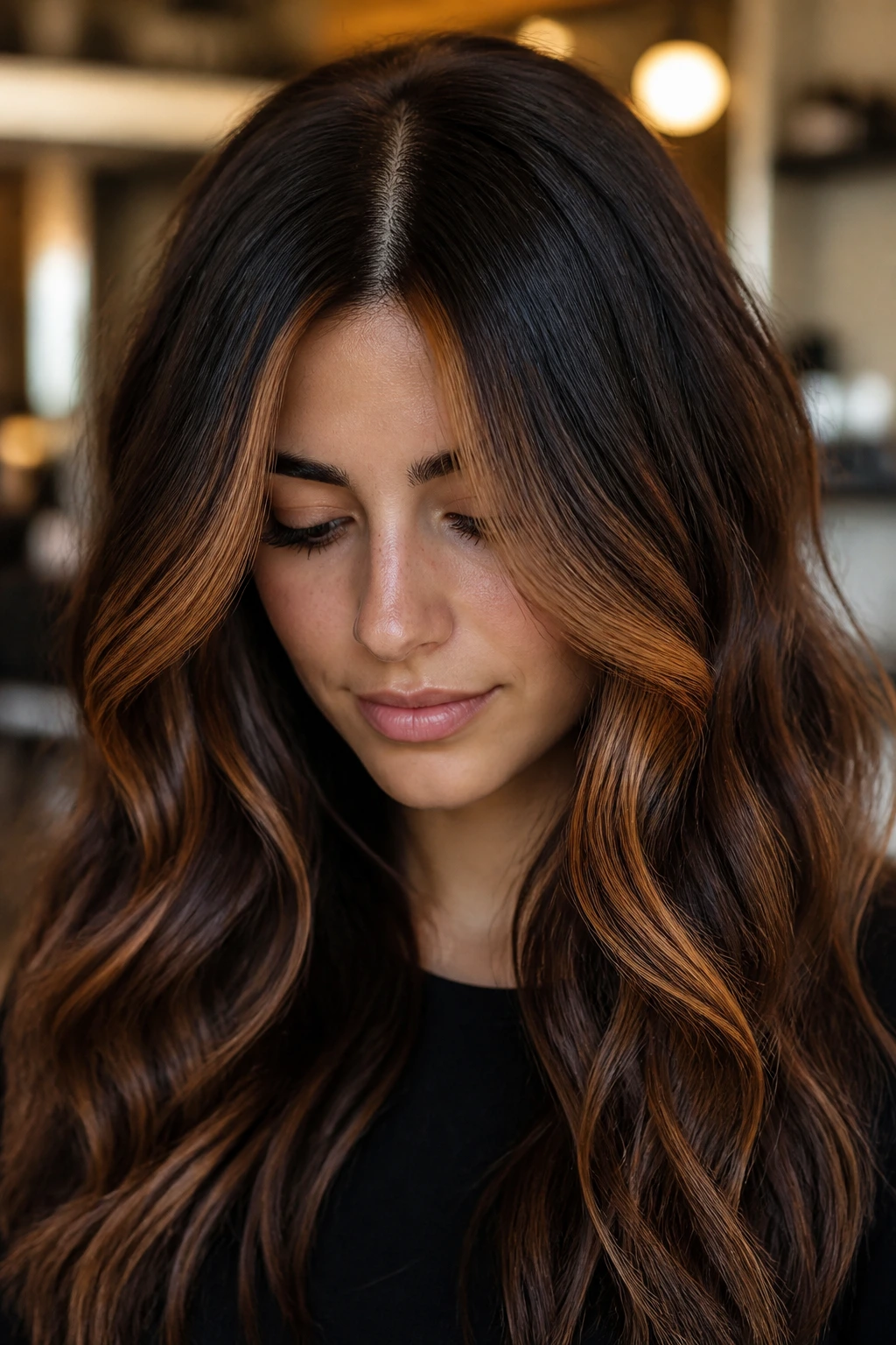 Close-up of face-framing burnt caramel money pieces over dark root