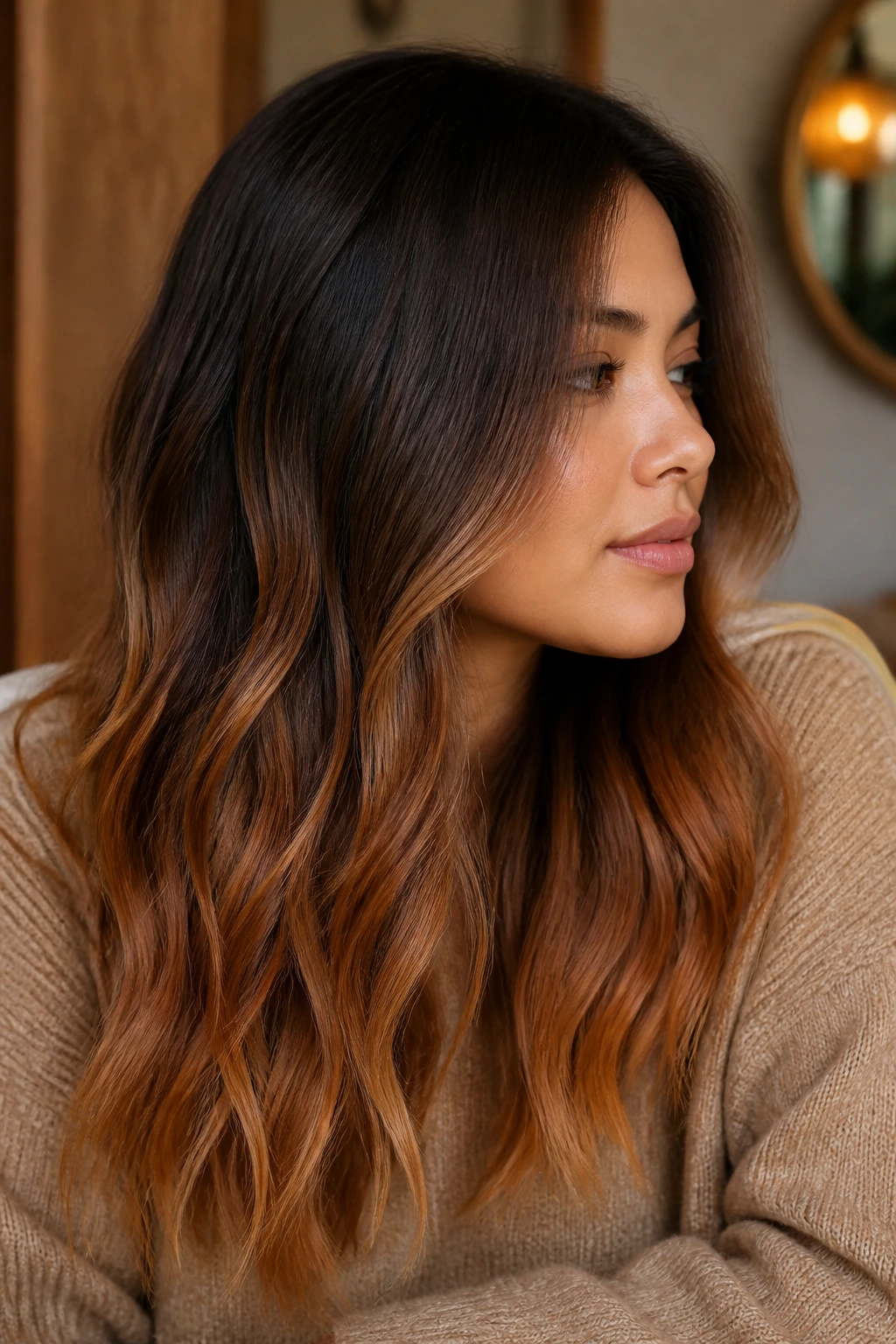 Close-up portrait of a real woman with burnt caramel ombré hair gradient