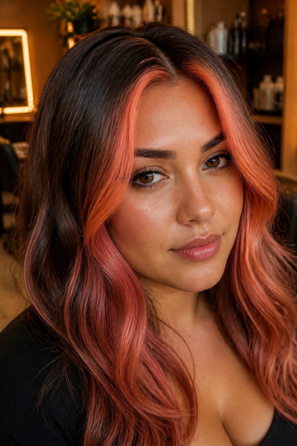 Close-up of Burnt Coral Strawberry Money Piece on a real person with warm front hair pieces.