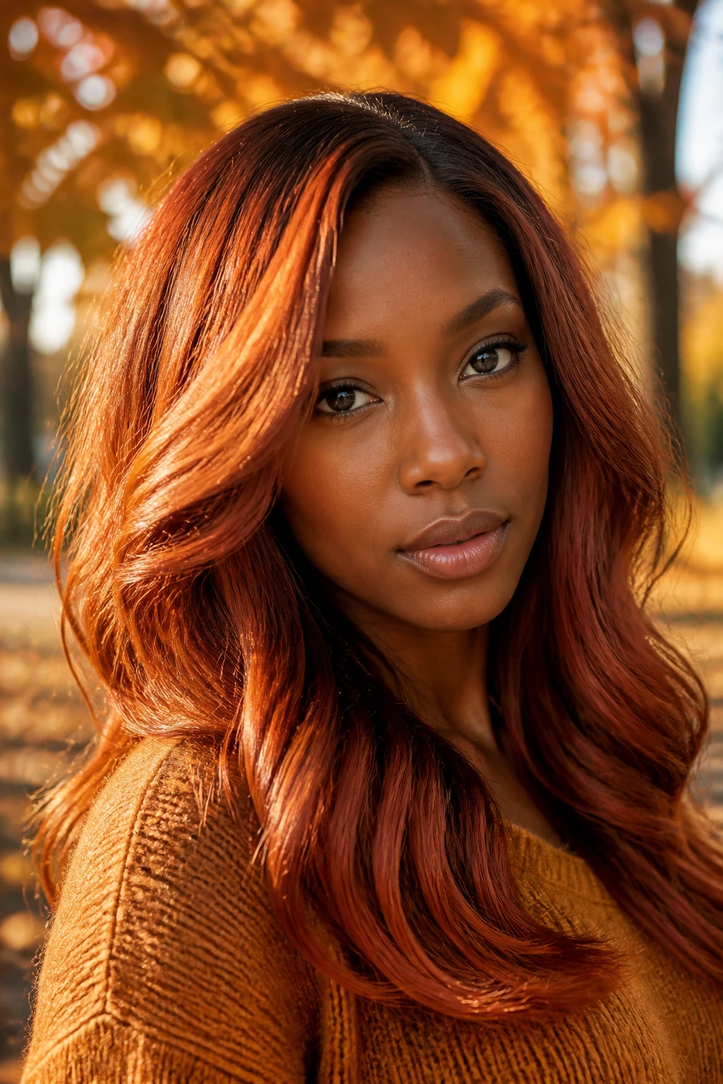 Portrait of a woman with burnt orange copper hair and dimensional highlights in natural light