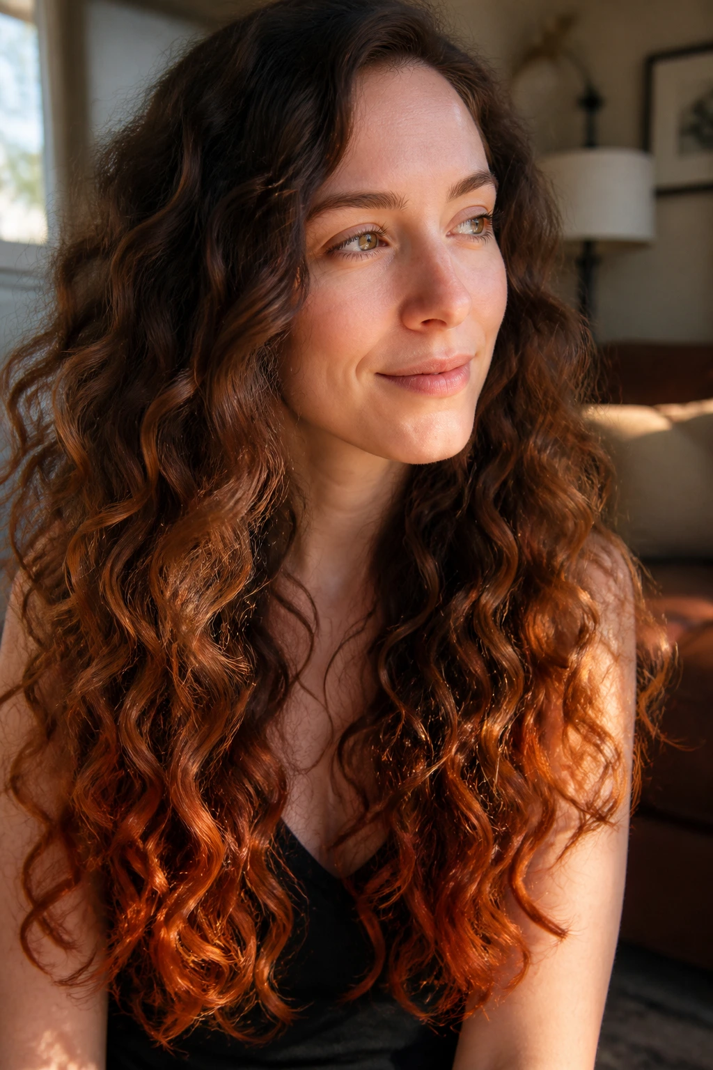 Close-up of a real woman with long curls and burnt sienna ends catching warm window light