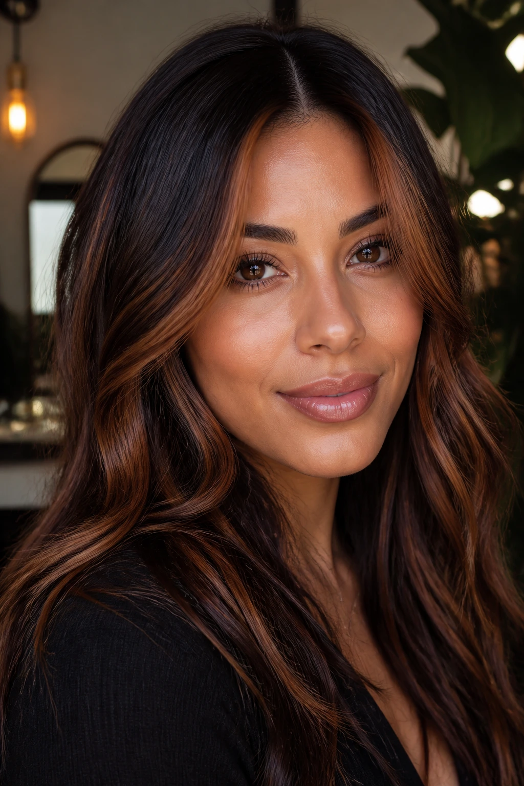 Close-up of a real woman with burnt sienna face-framing strands near the hairline