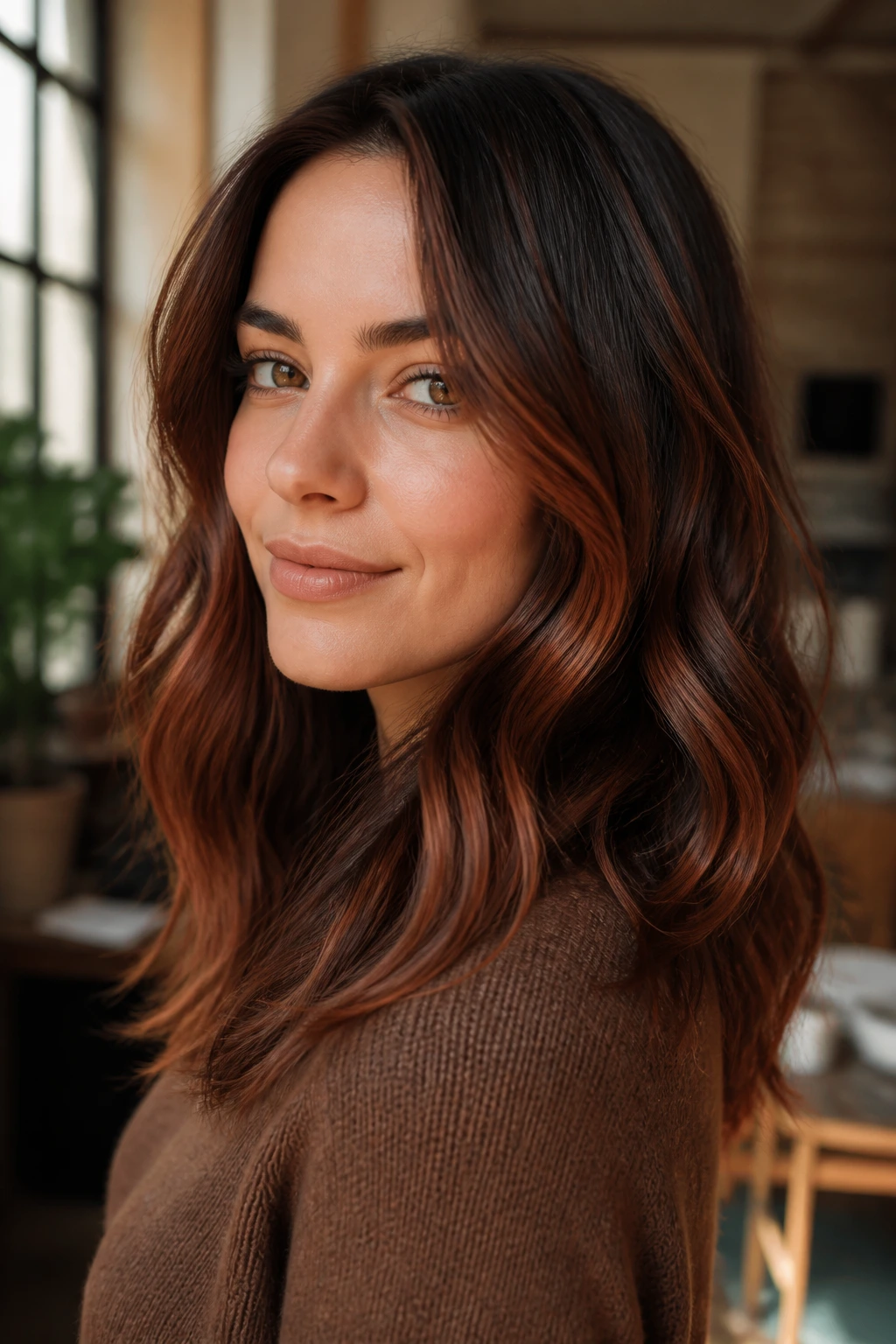 Portrait of brunette hair with burnt sienna ribbons visible around the face