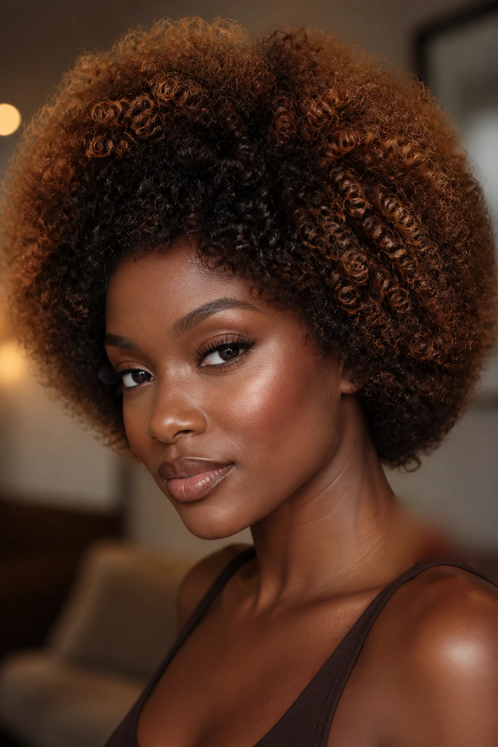 Real person with rounded Afro and burnt sugar balayage