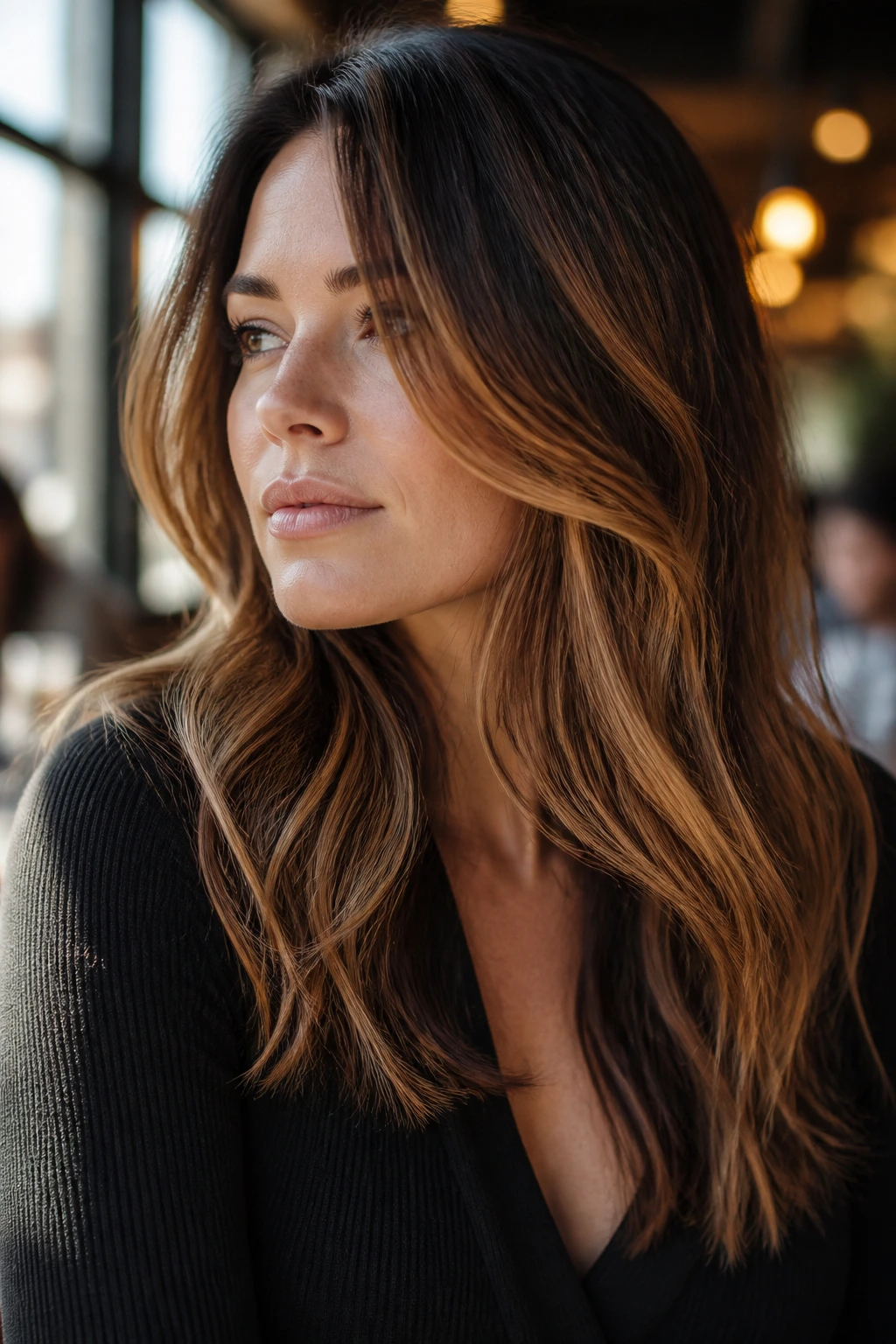 Close-up portrait of a real woman with burnt sugar balayage on pale skin and a square face, curved ribbons with movement.