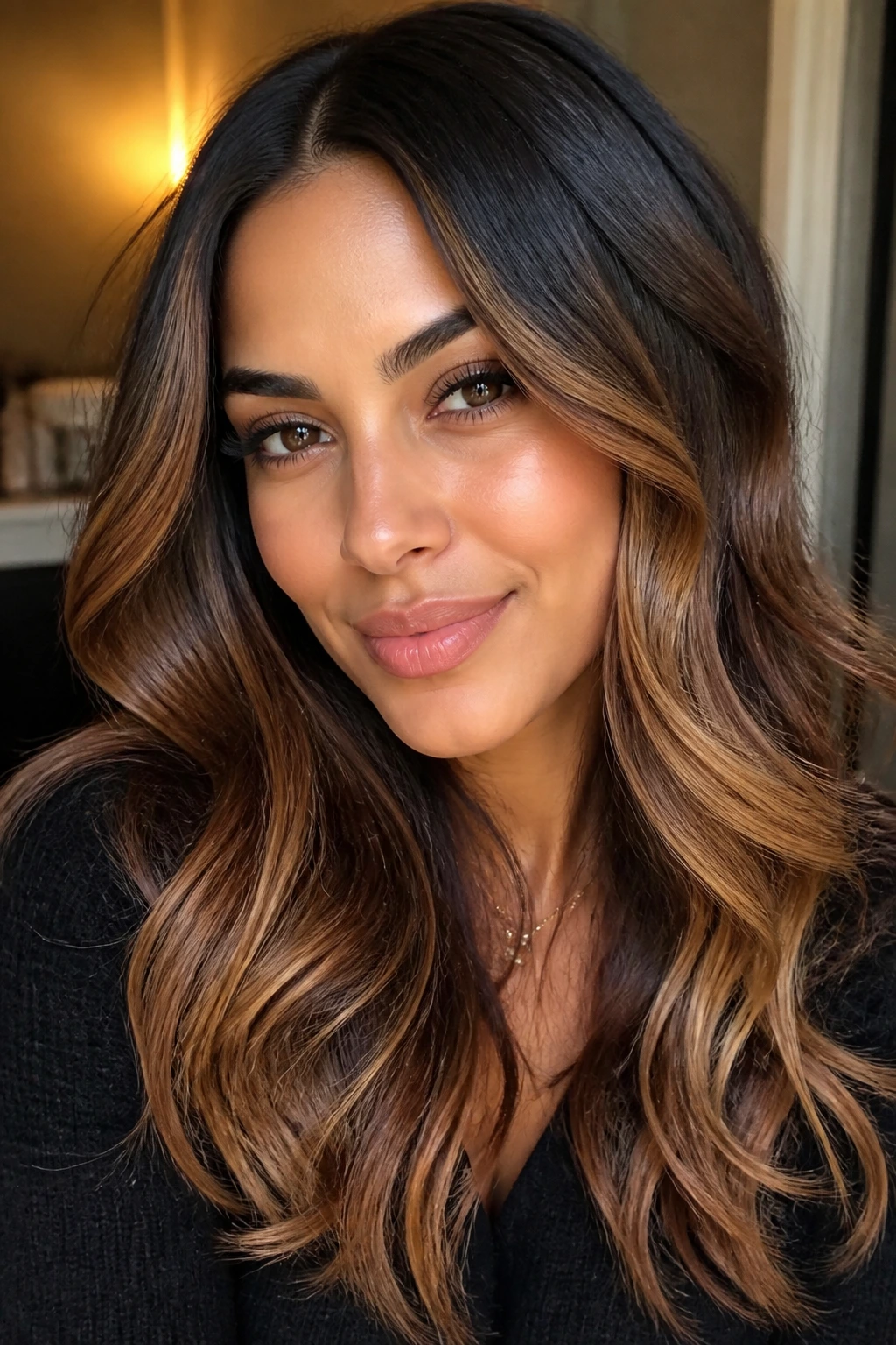 Close-up of burnt sugar balayage on a real woman's hair