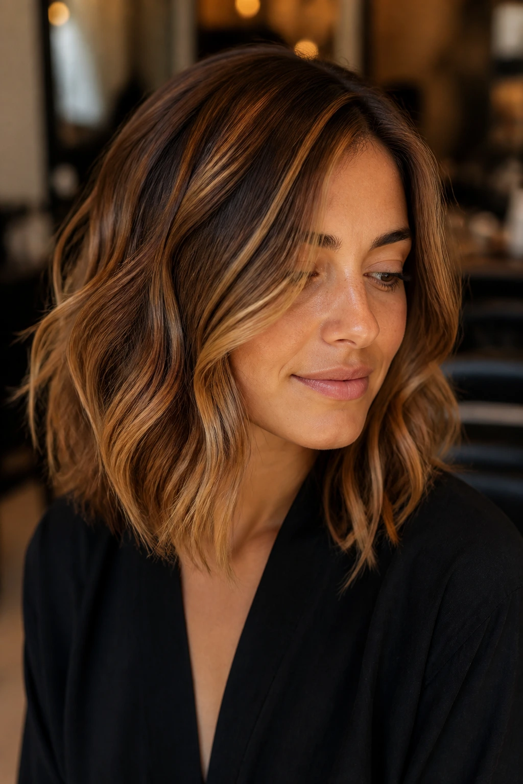 Close-up of burnt sugar balayage on real hair with warm salon lighting