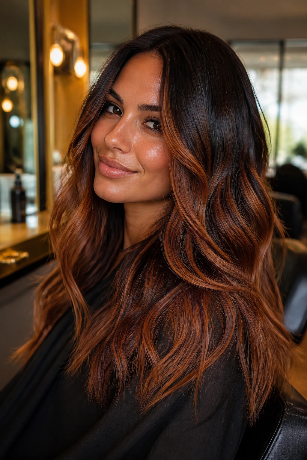 Close-up of a real woman with burnt sugar balayage on tan skin, deep warm tones