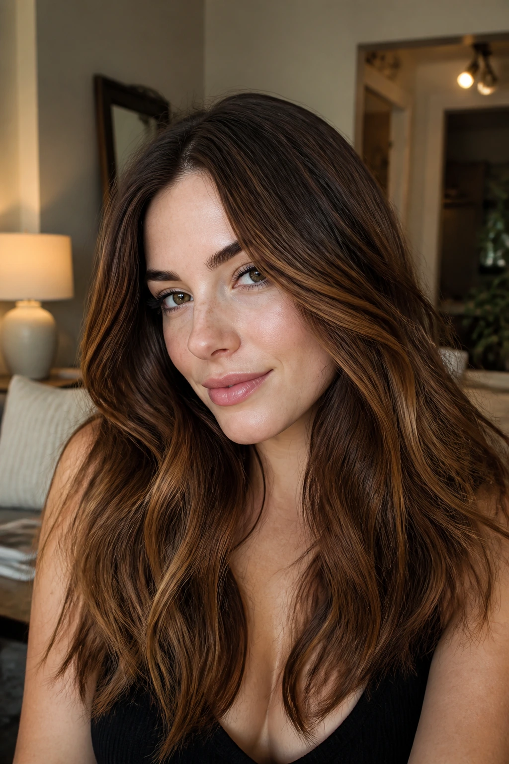 Close-up of a pale-skinned woman with burnt sugar brunette tones.