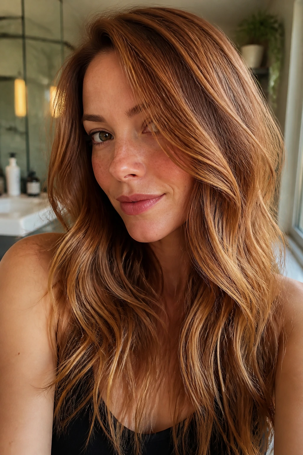 Close-up portrait of a real woman with Burnt Sugar Caramel Blend color