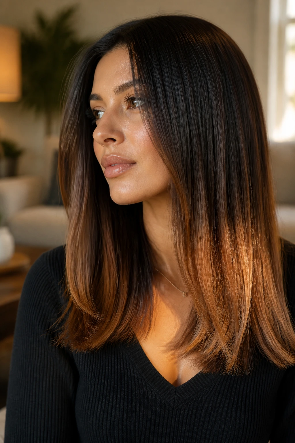Close-up of burnt sugar ends on straight hair with dark roots and glow at the ends on olive skin