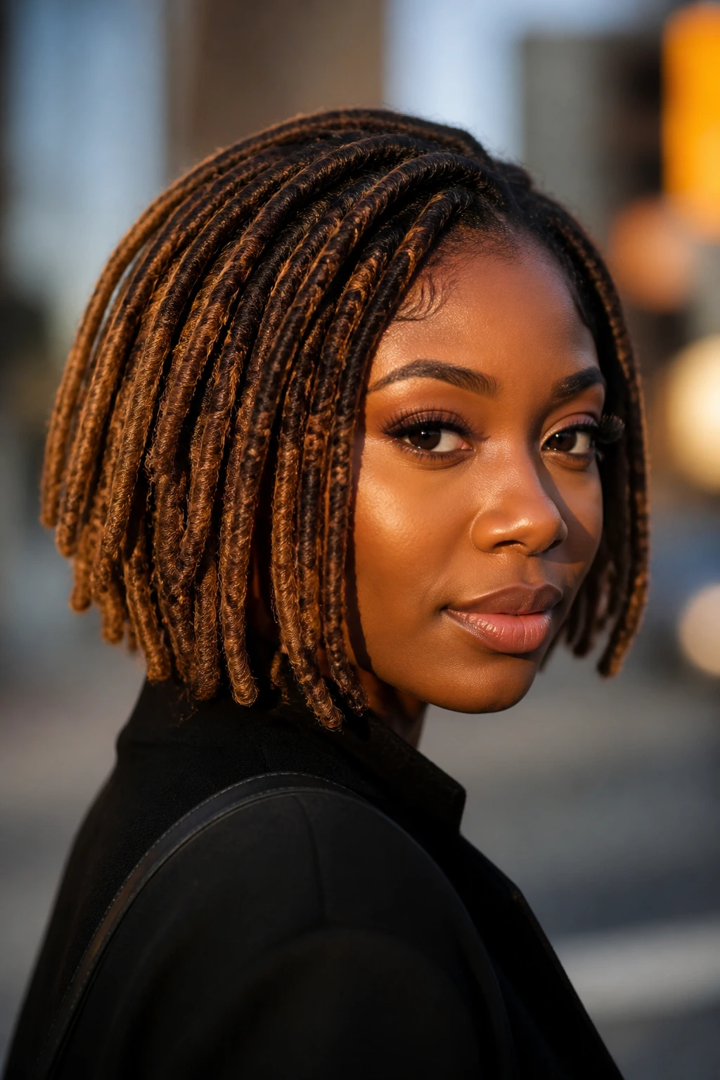 Portrait of a person with burnt sugar faux locs bob in golden hour light